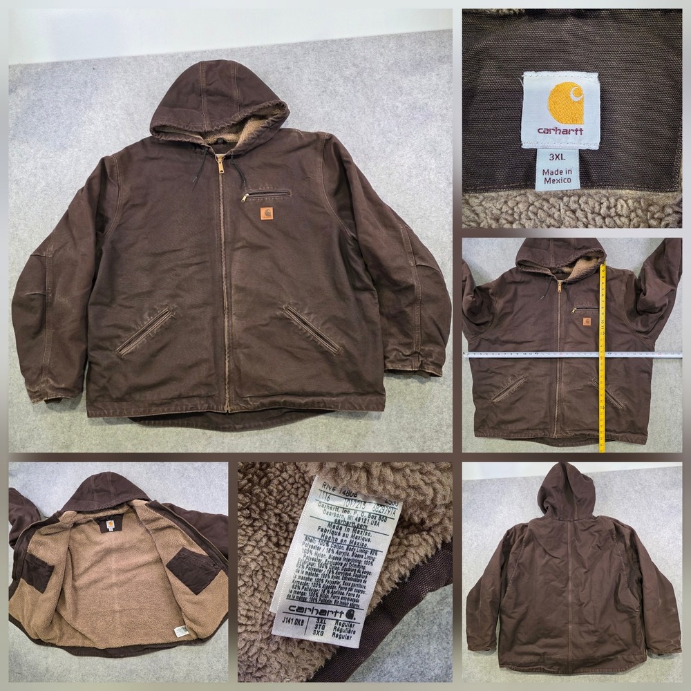 Carhartt Jacket Mens 3XL Brown Canvas Full Zip Sherpa Lined Hooded J141 DKD